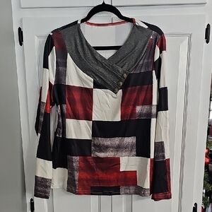 Women's Size XL LONG sGeometric Top - Red, Black, Gray